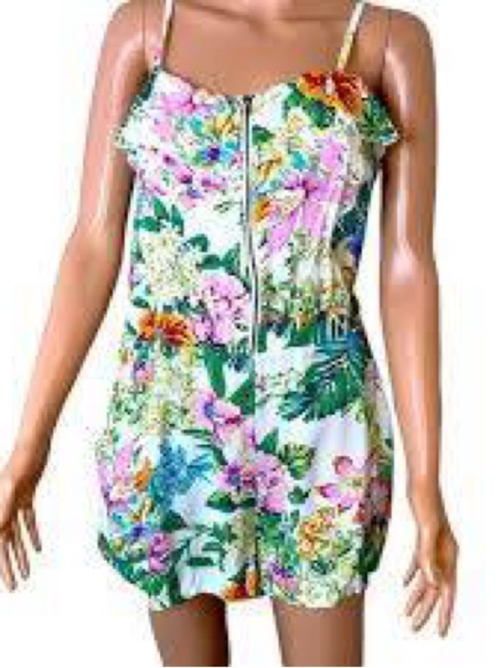 BONGO Tropical Floral Ruffle Zip-Front Romper